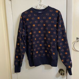 Men's Champion Reverse Weave All Over Print Navy Blue Orange Small Sweatshirt